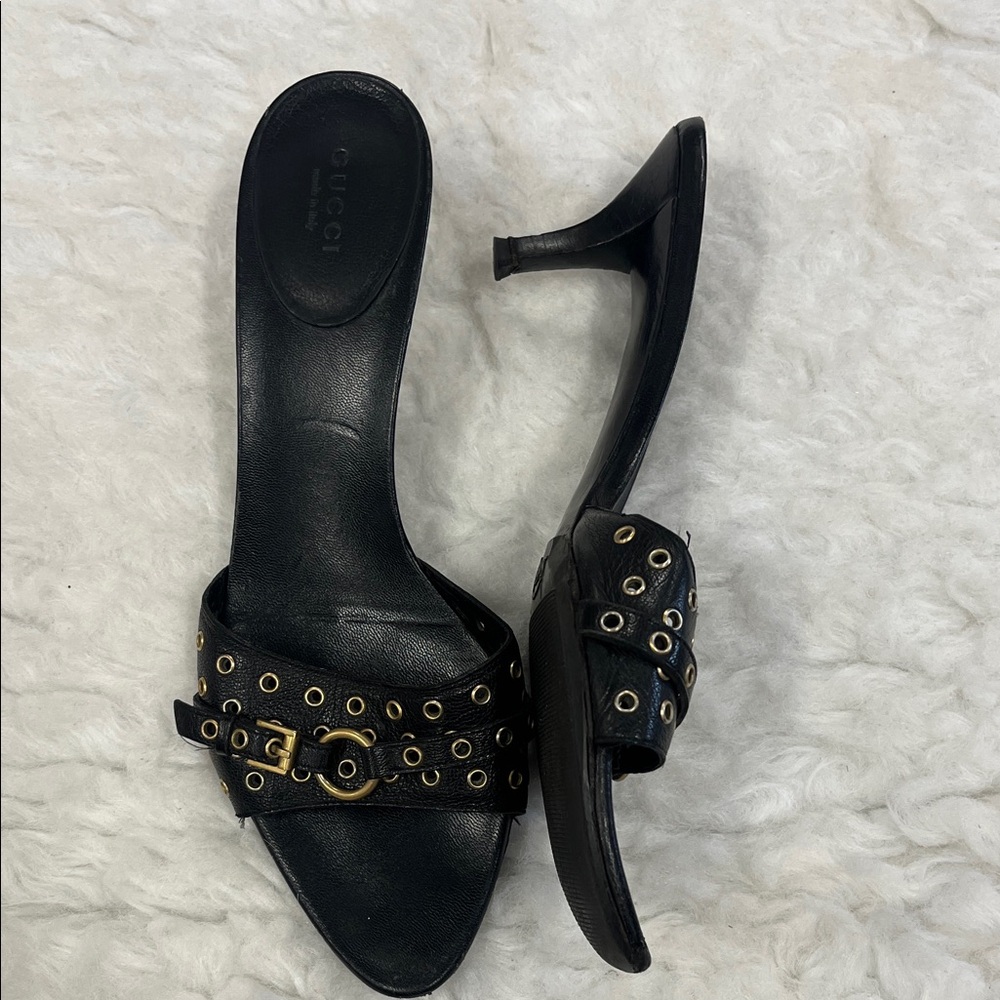 Gucci Black Leather Grommet Heels - Picture 2 of 8